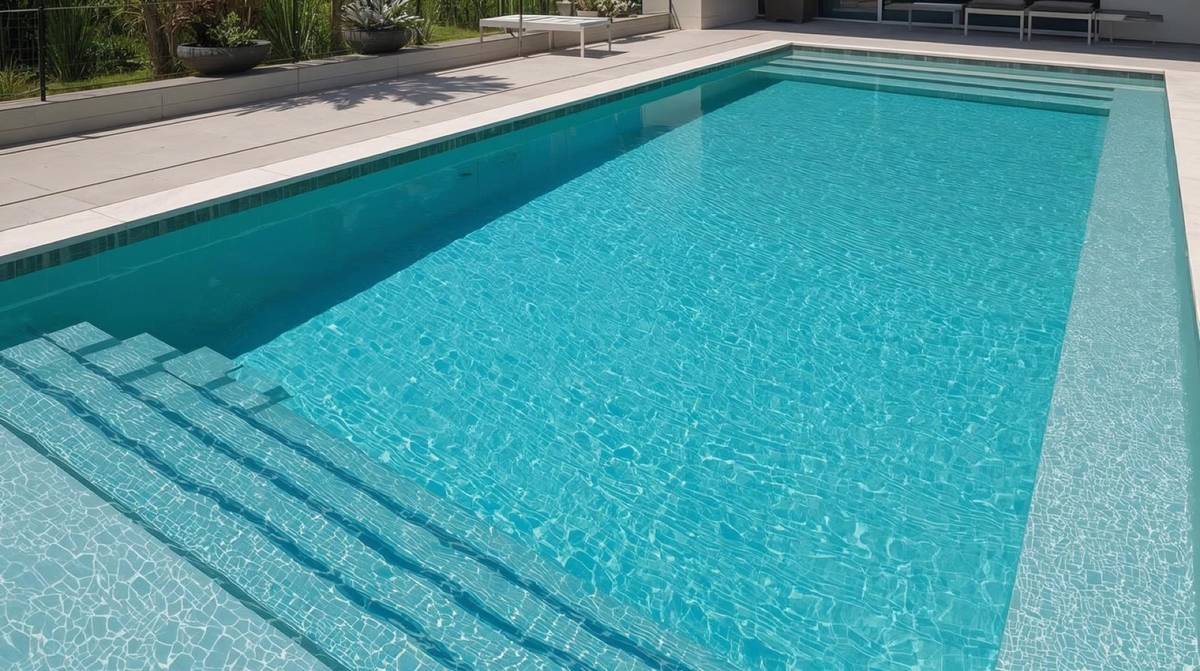 Piscina interrata rettangolare finita, con gli scalini a tutta larghezza