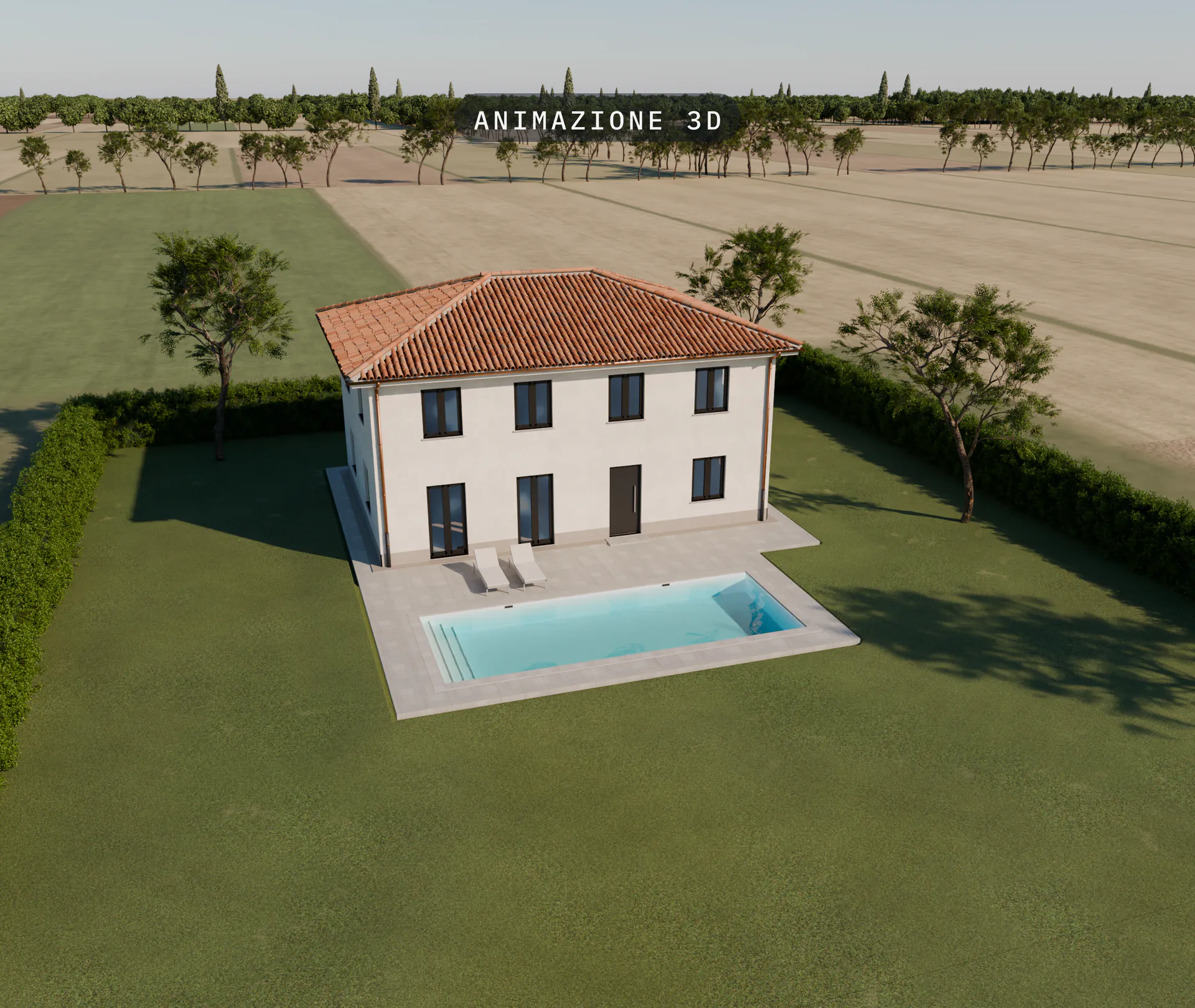 Animazione 3D: casa a due piani con tetto in coppi, giardino e piscina interrata